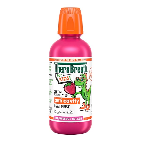THERABREATH KIDS MOUTHWASH WITH FLUORIDE, ORGANIC STRAWBERRY SPLASH, ANTICAVITY, DENTIST FORMULATED, 16 FL OZ