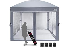 AIGOCANO Canopy Tent with Netting Screen,10x10 Easy Pop Up Gazebo for Outdoor Parties,Camping,Foldable Patio Gazebo with Roller Bag and 4 Sandbags(Grey)