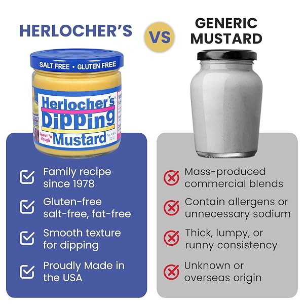 HERLOCHER’S DIPPING MUSTARD – SWEET & TANGY MUSTARD DIP, 8 OZ JAR | GLUTEN-FREE, SALT-FREE, FAT-FREE | PERFECT PRETZEL & SNACK DIP | MADE IN USA
