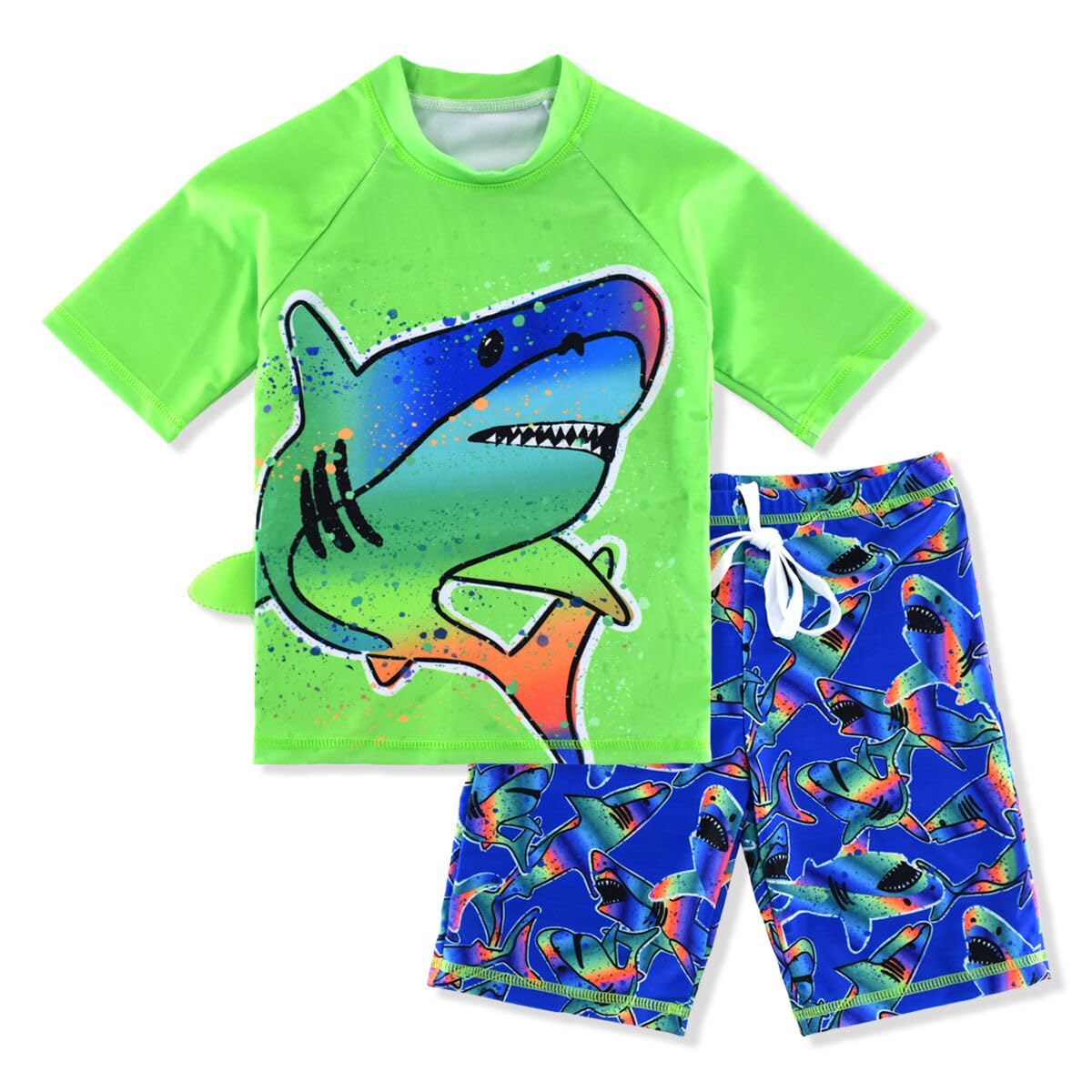 Photo 1 of Boys Two Piece Rash Guard Swimsuits Kids Short Sleeve Sunsuit Swimwear Sets Green Shark 6T