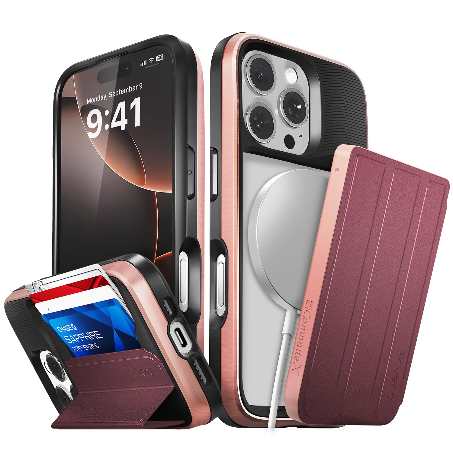 VENA vCommuteX for iPhone 16 Pro Wallet Case (MagSafe Compatible), [Military Grade Drop Protection] Detachable Leather Cover Slot Card Holder with Kickstand - Red