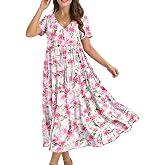 YESNO Women's Summer Maxi Dresses Casual Floral Short Sleeve V Neck Boho Beach Vacation Swing Dress with Pockets EVF