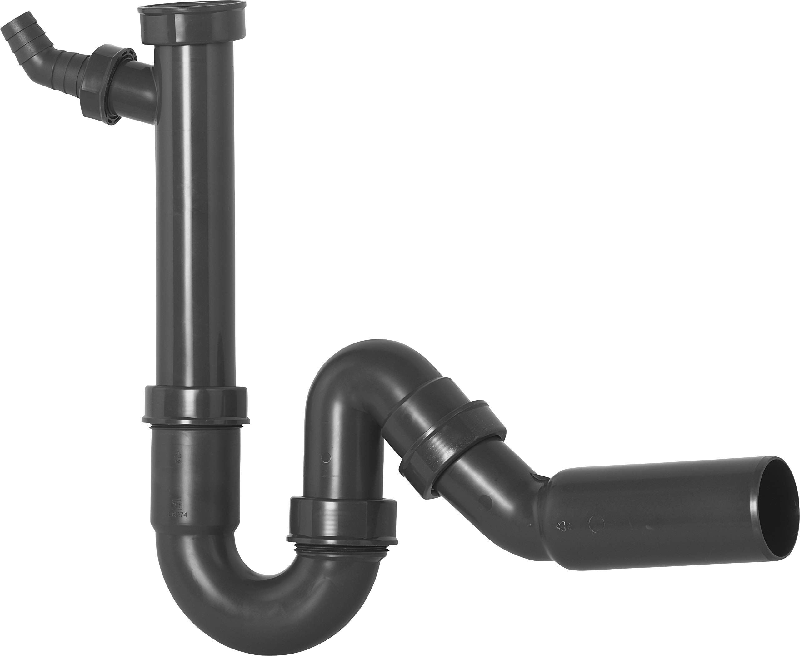 Cornat Rezyklat Tube Odour Trap for Sinks, 1 1/2 inch x 50 mm, with Device Connection and 45° Branch, Made from Recycled Plastics, Made in Germany Quality, T353104R