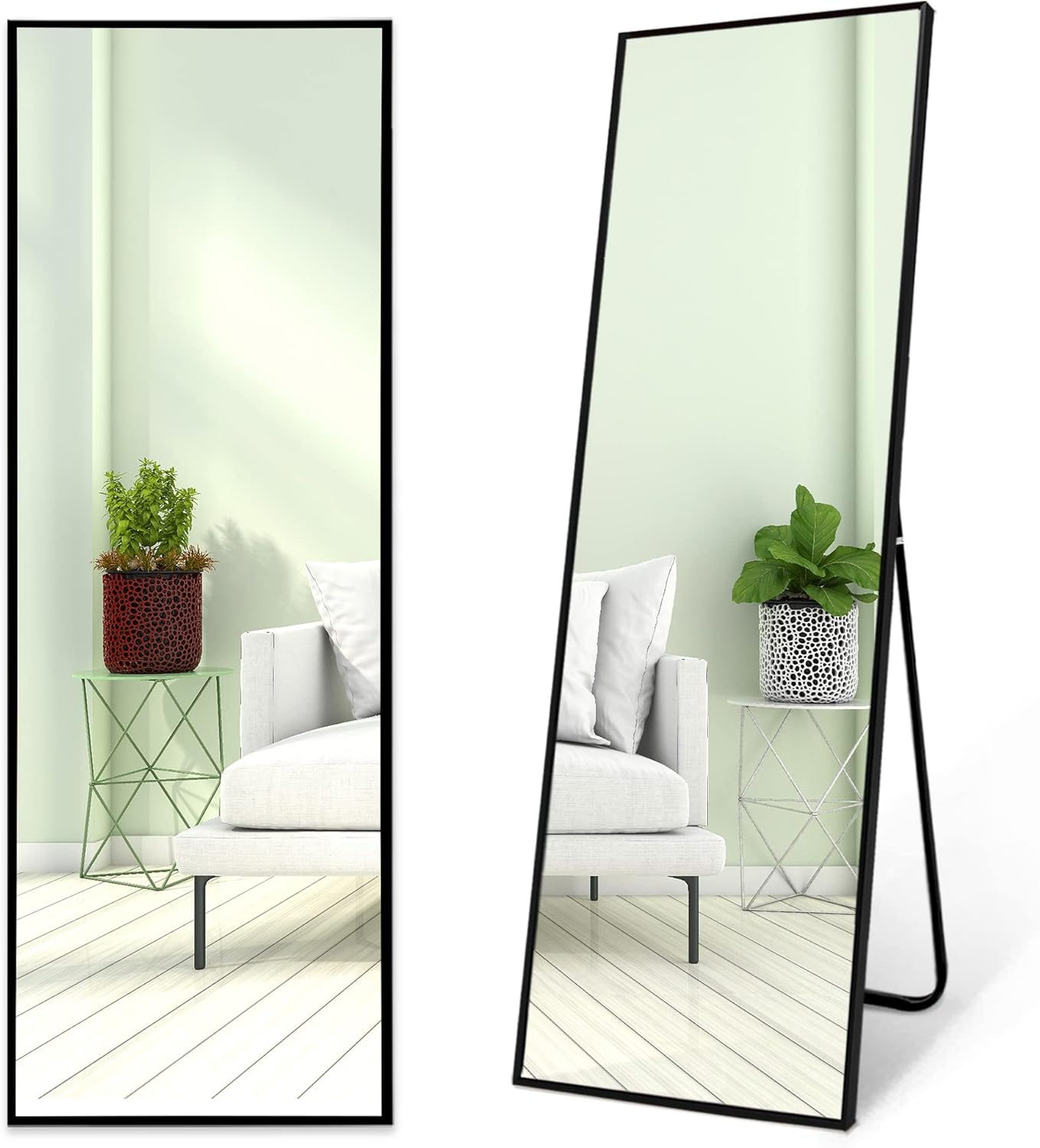 Mirrors - FLYMUHJIA Wall Mirror Full Length Full Body Mirror Floor Mirror Standing Mirror with Aluminum Alloy Thin Frame for Bedroom Living Room, 63” X20” Black