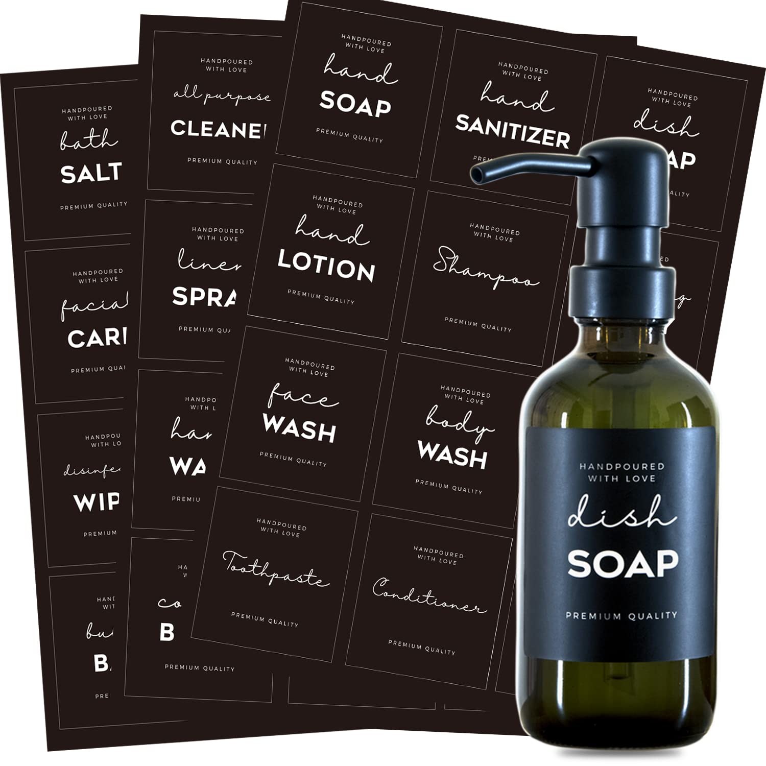 36 PCS Printed label stickers for Bottles, Prefdo Waterproof Minimalist Farmhouse Labels for Bathroom Kitchen Hand Soap Shampoo Conditioner Lotion Dispenser Bottles Containers(Black)