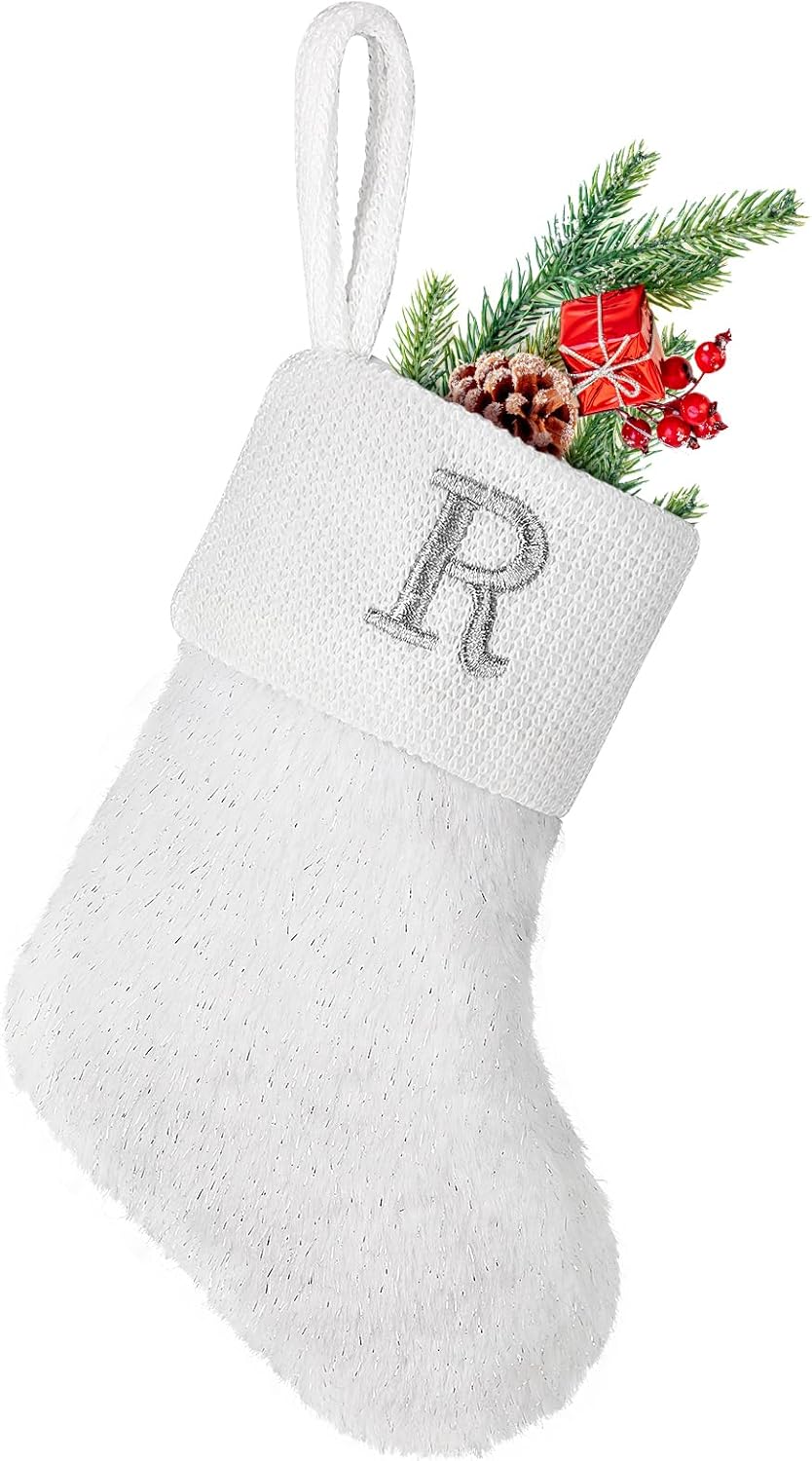 Stockings & Holders - 7 inches Initial Monogram Christmas Stocking White Personalized Christmas Stockings with Embroidered Letters Super Soft Initial Christmas Stocking for Xmas Holiday Christmas Tree Fireplace Decor(R)