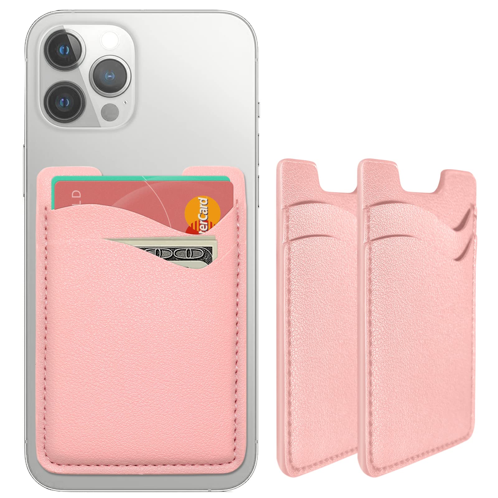 Leather Phone Card Holder, 2-Pack Stick-On Wallet for iPhone, Samsung - Pink