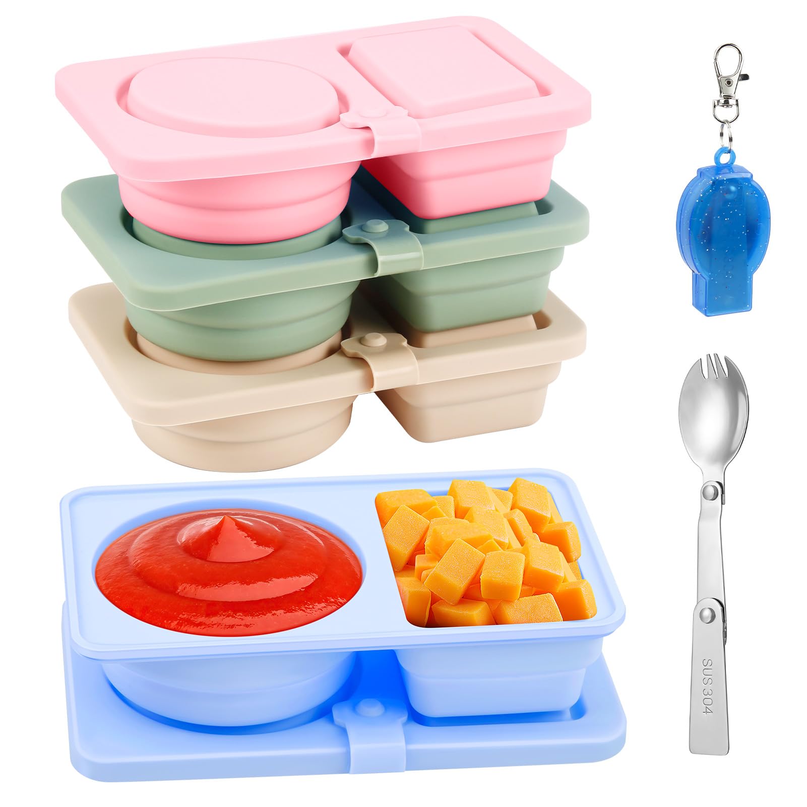 Photo 1 of **missing parts**foergenova 4 Pack Silicone Reusable Snack Containers with Lids, Double Compartment Snack Containers with Foldable Fork, Small Size for Sauce Containers, Travel, School, Office & Picnic