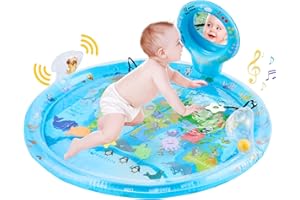 FLASHBLUER Tummy Time Mat Extra Large 31.5"×31.5" for 3-12 Months Baby, Inflatable Water Playmat with Mirror, Teethers, Rattles & Squeaker, Sensory Activity Center for Motor Development, Visual Stimulation