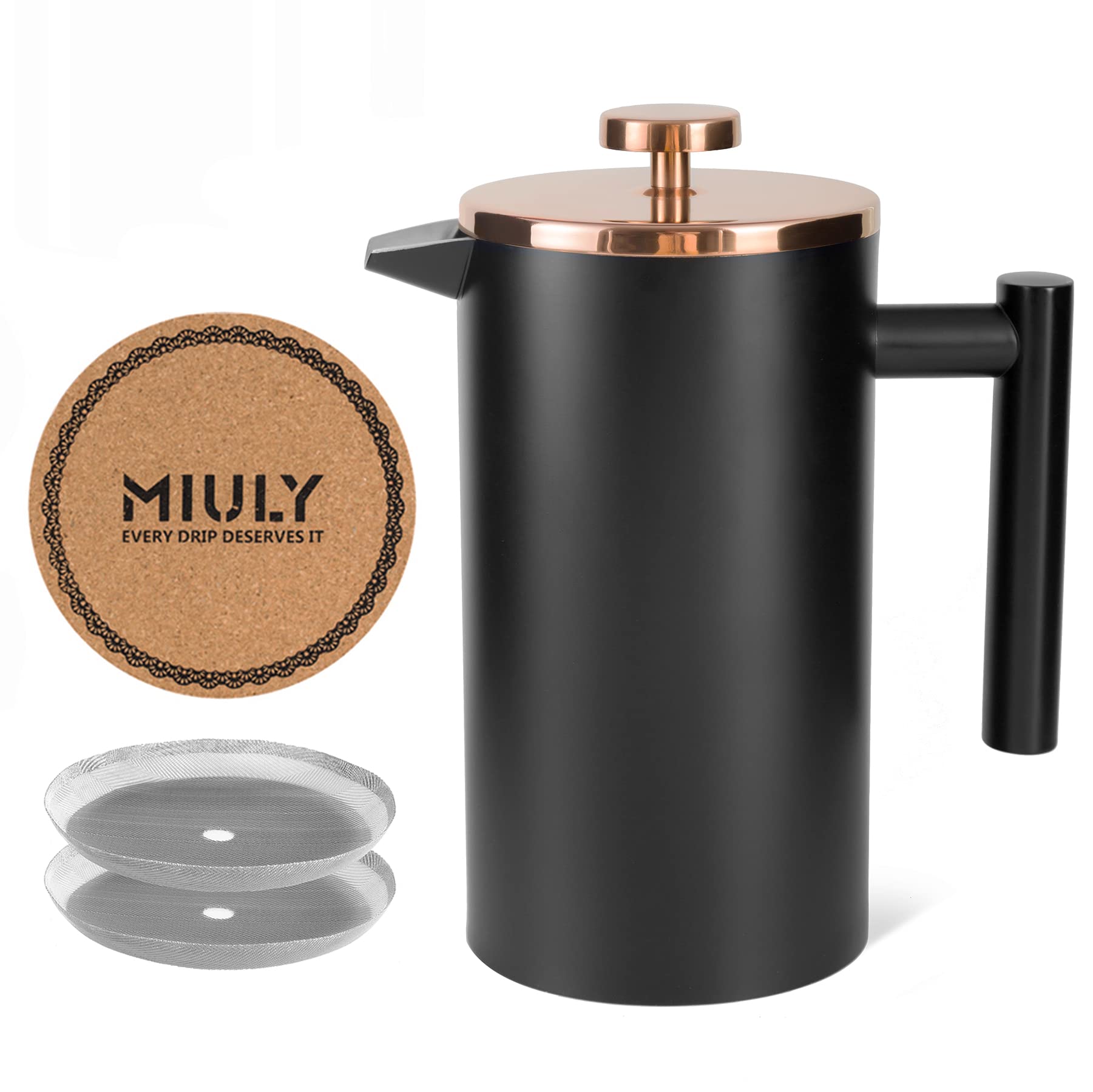 MaxMiuly French Press Coffee Maker 1 L, Double Walled Stainless Steel 6 Cups, Thermal Coffee Maker Available in 350 ml, 1000 ml with Filter Strainer, Coaster, Black Gold โ image 1