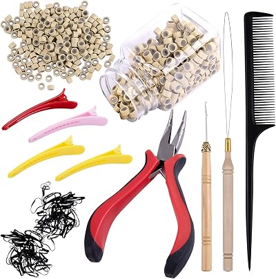 Duufin Hair Extensions Tools Kit 500 Pcs Blonde Micro Ring Beads Plier Kit