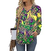 Mardi Gras Shirts for Women: Tuesday Shirt Funny Mask Graphic Tee Carnival Long Sleeve Shirt New Orleans Party V Neck Top