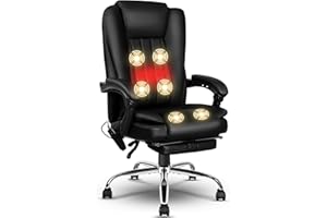 jamege 6-Point Massage Office Chair, Big and Tall PU Leather Ergonomic Heating Executive Office Desk Chair with Footrest, Adjustable Height & Reclining Backrest