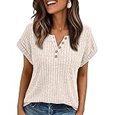 AUTOMET Women Tops Summer Sweaters Short Sleeve V Neck Henley Shirts Spring Dressy Button Blouses