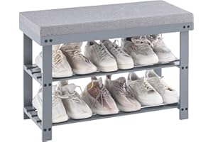 Apicizon 3-Tier Shoe Rack for Entryway, Bamboo Shoe Bench with Cushion Padded Seat, Small Shoe Organizer with Storage for Indoor Entrance Hallway Bedroom Living Room, Gray