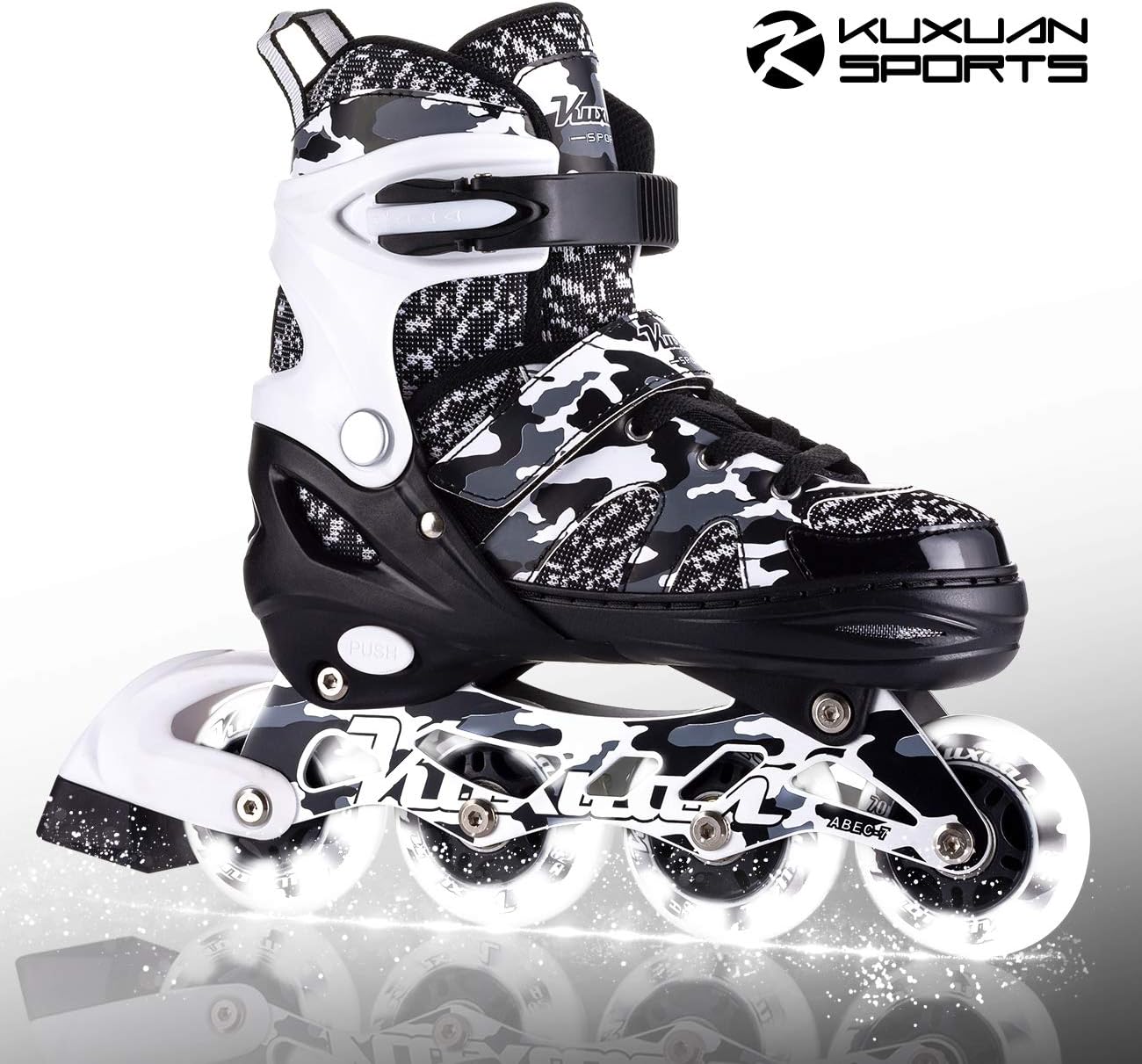 Kuxuan Boys Camo Black & Silver Adjustable Inline Skates with Light up Wheels, Fun Illuminating Roller Blading for Kids Girls Youth