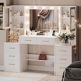 TOKSOM 58.3&rdquo;Vanity Desk with Mirror and Charging Station, Bedroom Dressing Table, Large Vanity Set, 8 Drawers and 2 Cabinets, Makeup Vanity Table with Charging Station, Without Lights