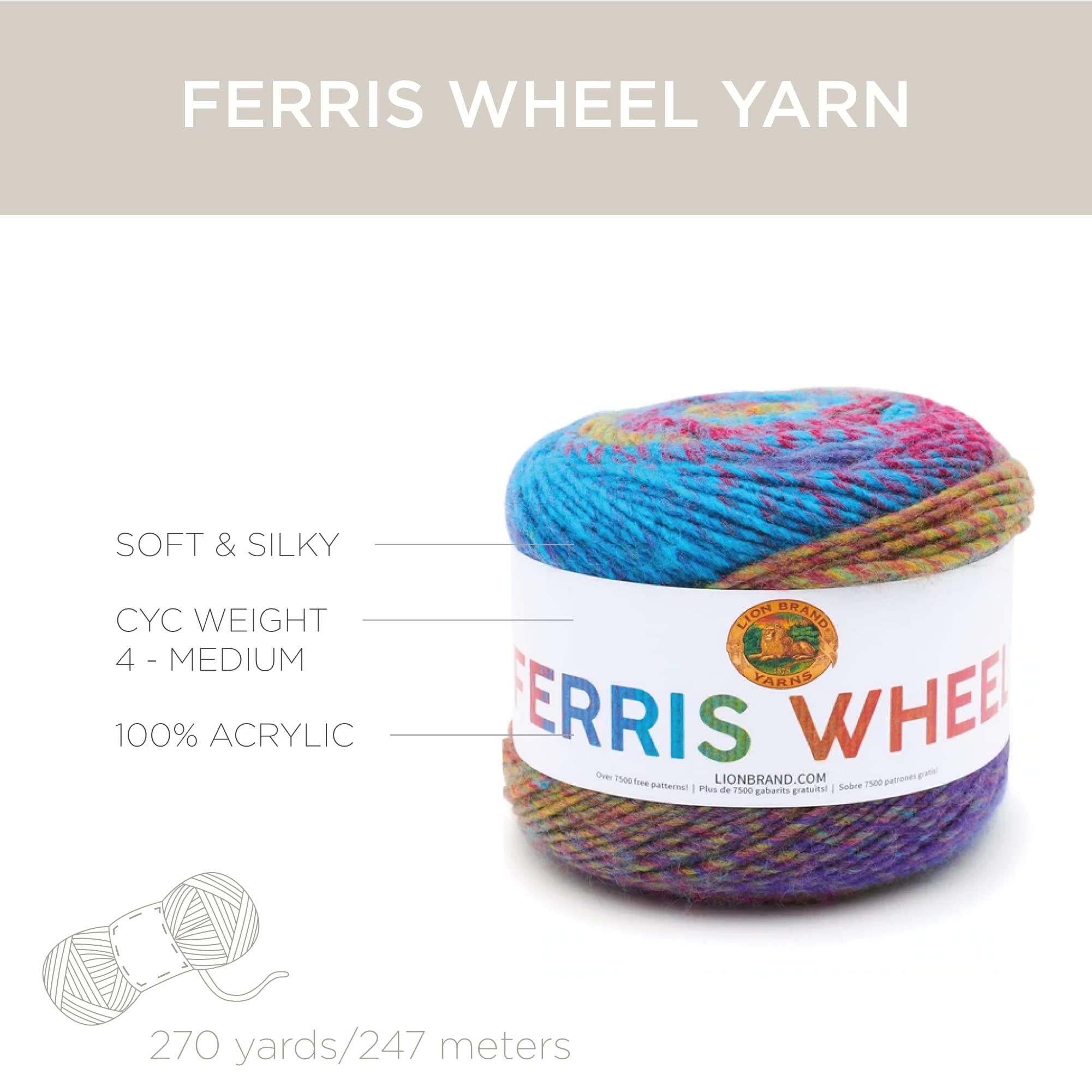 Lion Brand Yarn, Muticolor Ferris Wheel Yarn for Knitting, Crocheting, and Crafts, Cotton Candy, 1 Pack