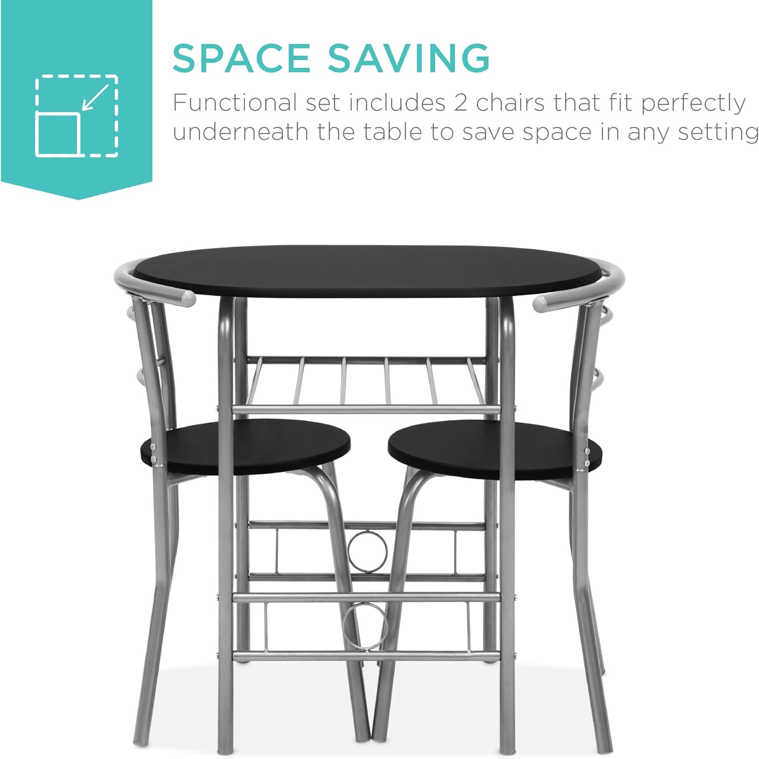 Best Choice Products 3-Piece Wooden Round Table & Chair Set for Kitchen, Dining Room, Compact Space w/Steel Frame, Built-in Wine Rack - Black/Silver: Furniture & Decor