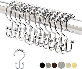 2lbDepot Shower Curtain Rings Hooks - Chrome Finish - Premium 18/8 Stainless Steel - Double Hooks with Easy Glide Rollers Rust Resistant Metal Hook, Six Finishes Available - Set of 12 for Shower Rods