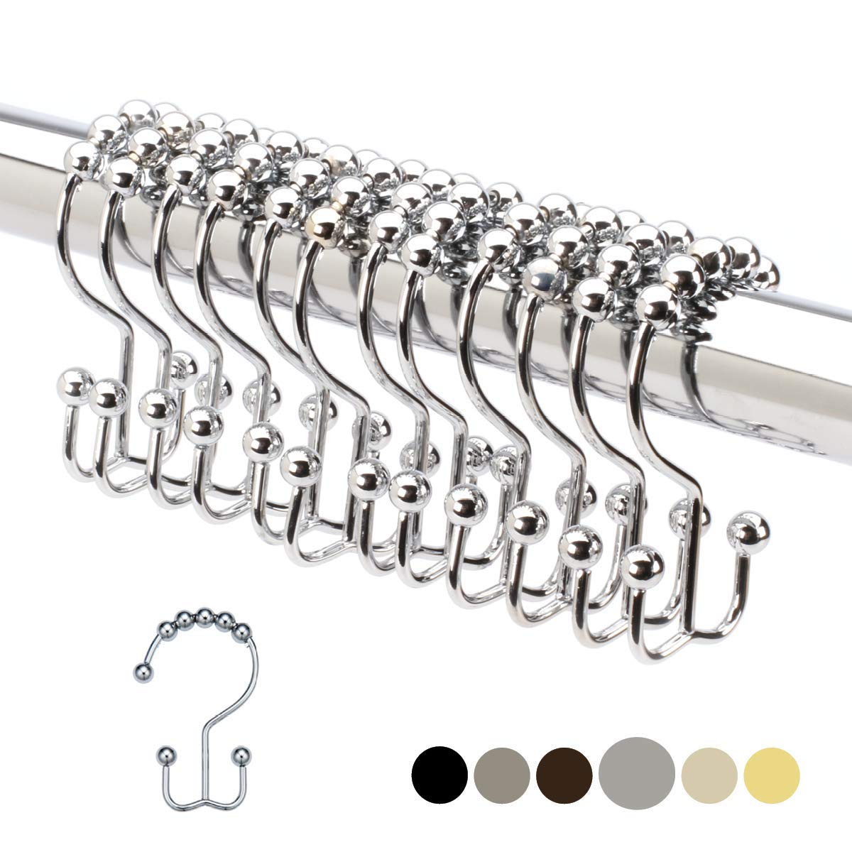 2lbDepot Shower Curtain Rings Hooks - Chrome Finish - Premium 18/8 Stainless Steel - Double Hooks with Easy Glide Rollers Rust Resistant Metal Hook, Six Finishes Available - Set of 12 for Shower Rods