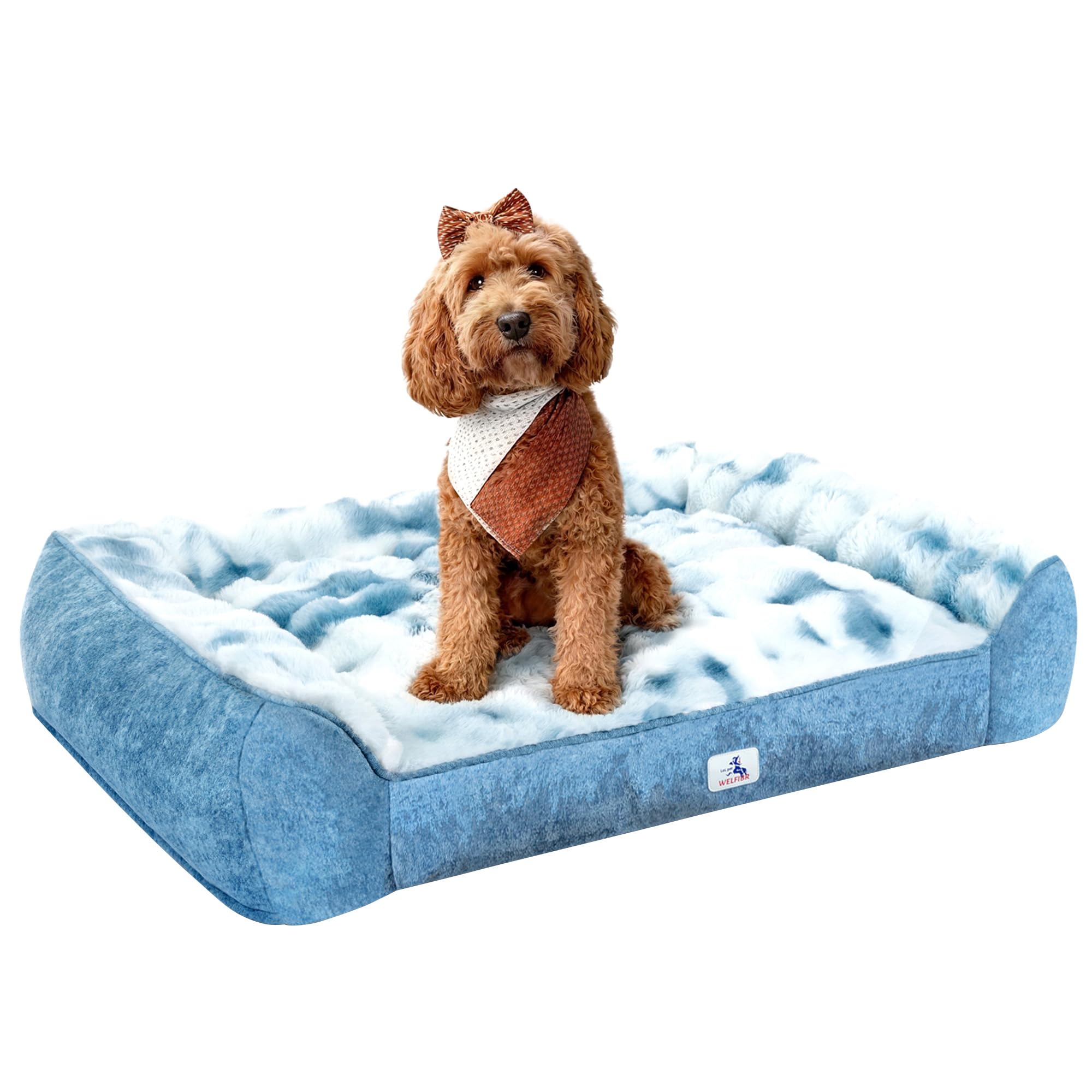 Photo 1 of Welfibr 42” Dog Bed with Shredded Foam Filling, Calming Pet Sofa with Removable Washable Cover, Soft Faux Fur Bolster Couch for Dogs, Anti-Slip Bottom