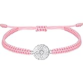 J.Endéar Mandala Flower Bracelet 925 Sterling Silver for Women, Handmade Braided Rope Pink String Adjustable Lady Jewelry, Yoga Meditation Buddhist Spiritual Lucky Amulet Gift