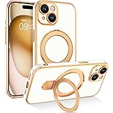 BENTOBEN for iPhone 15 Phone Case, iPhone 15 Magnetic Case [Compatible with MagSafe] [Full Camera Protection] Kickstand Ring Holder Design Luxury Gold Shockproof Bumper Women Men Girl Boy Cover, White