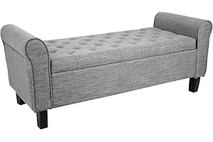 Babion Storage Bench for Bedroom, Button Linen Fabric, 51Inch, End of Bed Storage, Upholstered Rolled Arm Window Seat with Solid Wood Legs, Light Grey