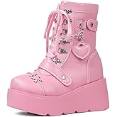 Accloris Platform Ankle boots for Women Goth Rave Boots Kawaii Shoes High Heel Round Toe Zipper Wedges Mid Calf Booties