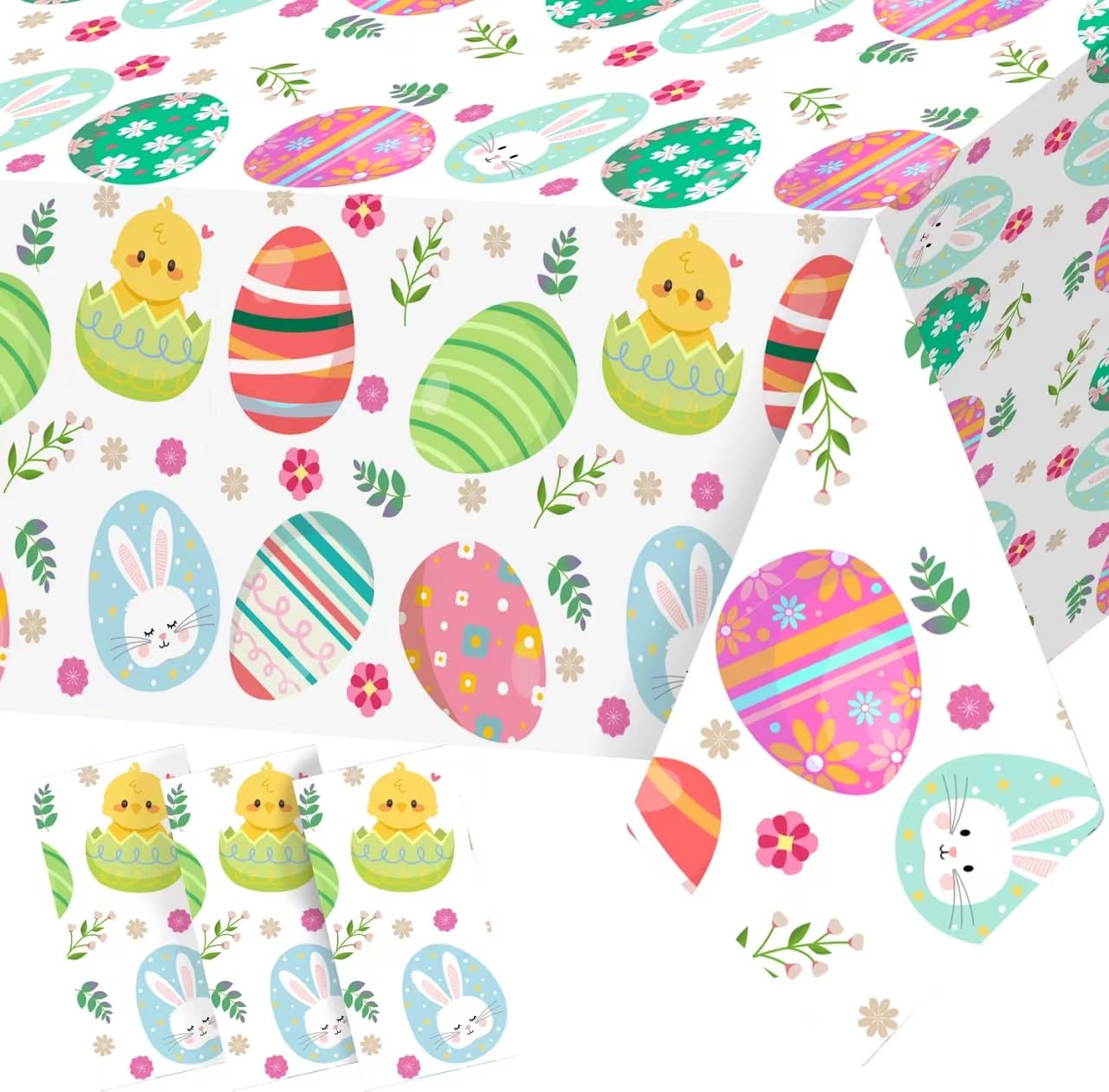 Photo 1 of 3-Piece 54 x 108 Inch Easter Plastic Tablecloth - Colorful Egg, Bunny, Chicken Designs, Disposable Spring Holiday Rectangle Table Cloth for Dining Room Kitchen Table Cover Indoor Outdoor Decorations