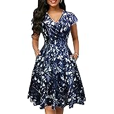 oxiuly Women's Vintage Dot V-Neck Cap Sleeve Casual Pockets Swing Tea Dress OX296