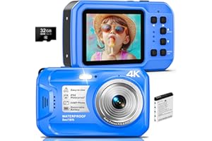 SPUNALP ‌64MP 4K Underwater Camera with IPS HD Screen & 16X Digital Zoom, 16FT Waterproof & Floatable, Autofocus, Includes 32GB Card，Diving，Surfing，Rafting