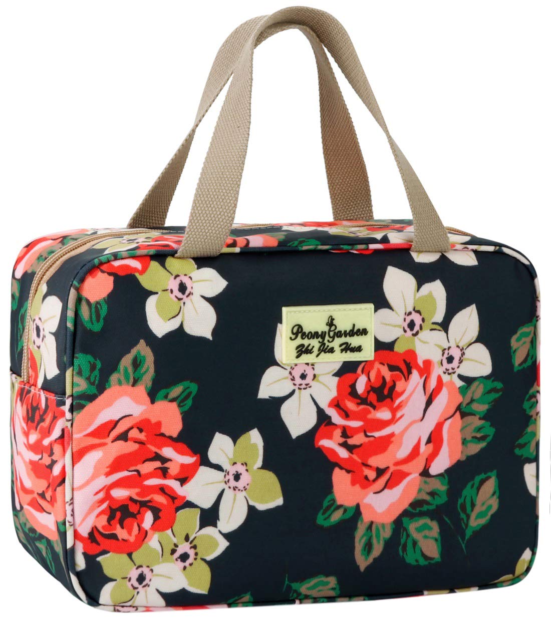 Large Toiletry Bag for Women - Pink Navy Leak Proof Cosmetic Bag With Floral Design, Navy Blue, 11.8L×5.1W×7.8H