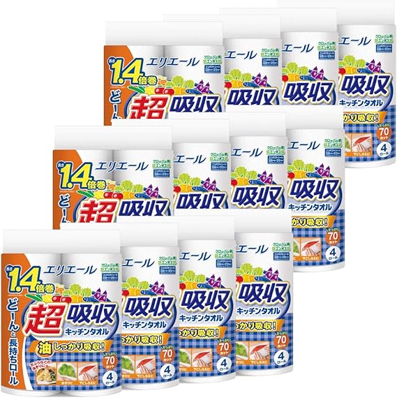 Amazon エリエール キッチンペーパー 超吸収 キッチンタオル 70カット 48ロール 4ロール 12パック パルプ100 1 4倍巻き ケース販売 エリエール キッチンペーパー