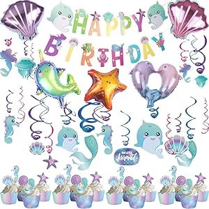 76Pcs Mermaid Ocean Theme Party Decorations for Kids Narwhal Party Supplies Little Mermaid Hanging Swirl Decorations Happy Birthday Banner Ocean Animals Balloons Cupcake Toppers Wrappers Ocean Theme Birthday Decor for Kids Boys Girls Baby Shower