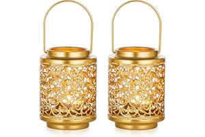 NUPTIO Tealight Lantern Candle Holder: 2 Pcs Gold Hanging Metal Tea Light Holders 10.5cm Rustic Mini Decorative Lanterns Cent