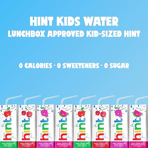 HINT KIDS WATER VARIETY PACK, 8 BOXES: CHERRY, WATERMELON, APPLE & GRAPE, ZERO SUGAR & SWEETENERS, ZERO PRESERVATIVES & ARTIFICIAL FLAVORS, 6.75 FL OZ (PACK OF 32)
