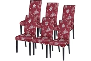 SearchI Christmas Dining Chair Covers Set of 6,Stretch Printed Kitchen Chair Cover Washable Spandex Xmas Parsons Chair Protector Slipcovers for Christmas Decoration,Holiday Party(Xmas Snowflake)