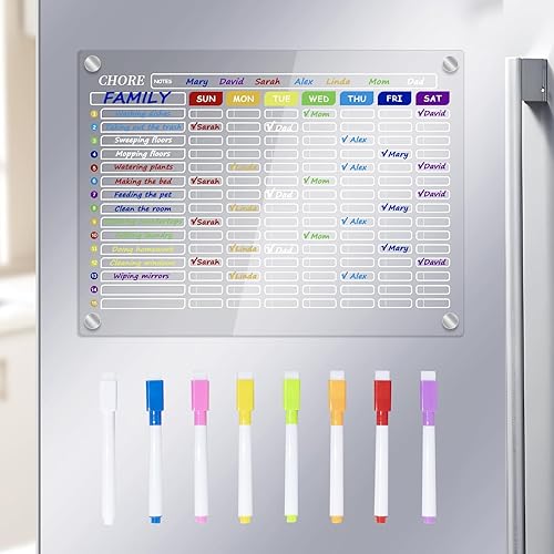 Lachiance Magnetic Chore Chart for Multiple Kids Family Adults, Acrylic Dry Erase Task Board for Refrigerator/Home Fridge/Office Fridge, 16"x 12" Weekly Responsibility Chart Checklist w/ 8 Markers