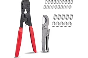 ASDFGHT PEX Clamp Tool Ratcheting PEX Cinch Tool Pex Crimping Tool Meets ASTM 2098 and Will Work With Stainless Steel Clamps of sizes 3/8"~1" (with 20 PCS 1/2" + 10PCS 3/4" PEX Clamps & PEX Cutter)