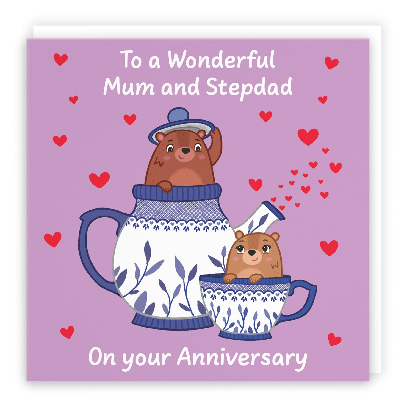 Hunts England - Cute Teapot Mum And Stepdad Anniversary Card - Fun Bears Anniversary Card - Love Story Collection