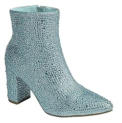 Women Rhinestone Block Chunky Heel Ankle Bootie