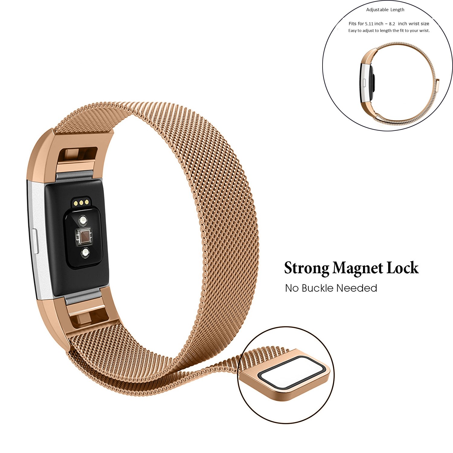 For Fitbit Charge 2 Band, Moobom Milanese Loop Stainless Steel Smartwatch Starp with Magnet Lock for Fitbit Charge 2 Replacement Wristbands (Large)