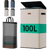 100L Laundry Hamper with Lid, Odor-Controlling Hamper with Handles, Collapsible Laundry Basket with Removable Mesh Bag for Bedroom Bathroom Laundry Room