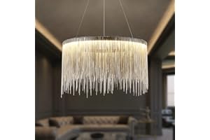 Siljoy Modern Round Aluminum Tassel Chandelier, LED Linear Chrome Chain Pendant Light Stainless Steel Ring Suspension Lighting Fixture for Dining Room Kitchen Island Dia 20" x H14