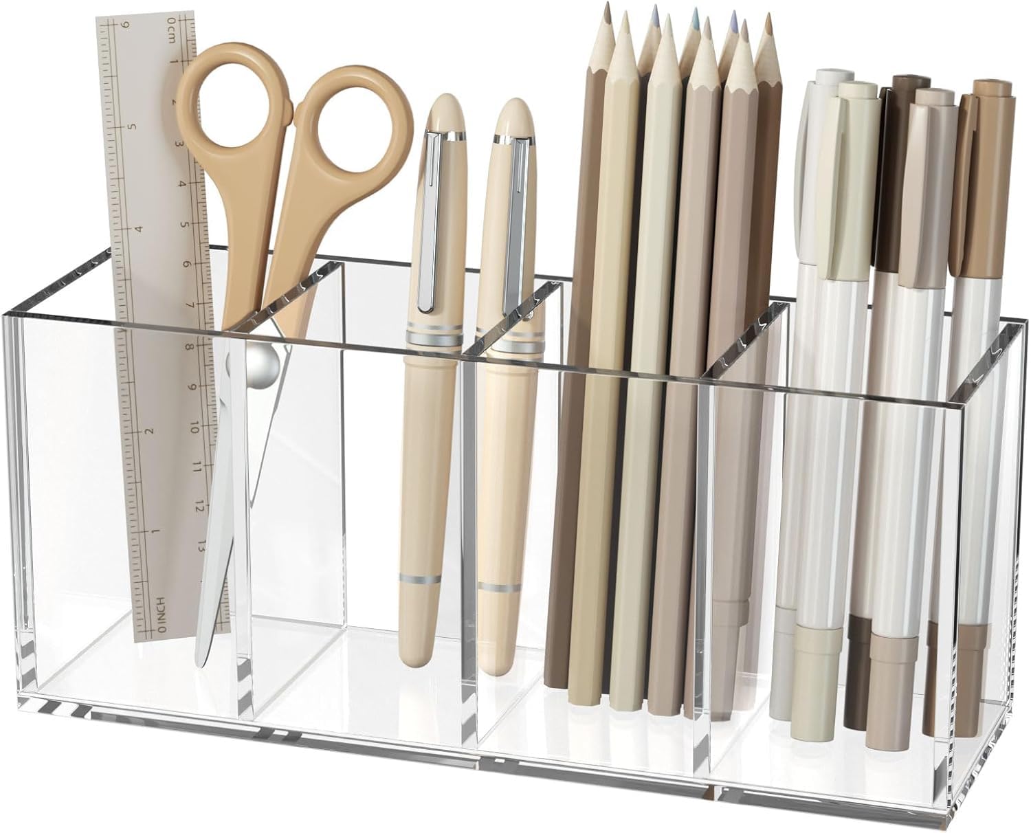 HIIMIEI Acrylic Pen Holder 4 Compartments Clear Makeup Brushes Holder Pencil Organizer Cup for Home, Office and School Countertop Desk Accessory Storage