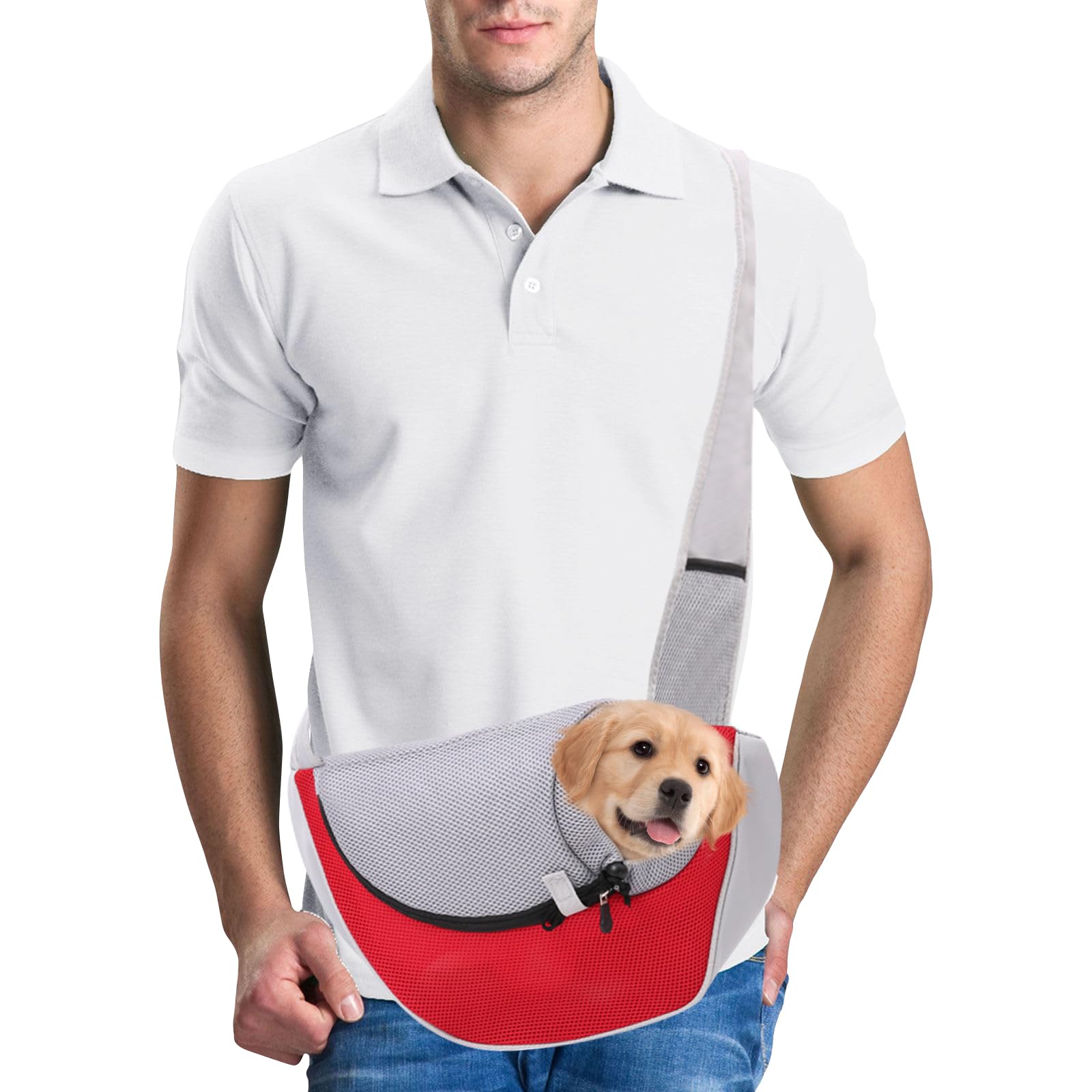 PETCUTE Pet Sling Carrier,Hands-free Small Pet Pouch Bag,Breathable Cat Dog Carrier Bag,Front Pocket,Shoulder Tote Bag for Small Animals,Dog,Cat,Outdoor Travel,Walking,Hiking,Red,S