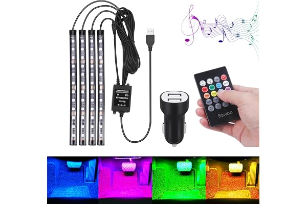 Car Led Lights, Bawoo Car Interior Light, Remote Controller 48 LED USB Car Strip Lights, Multi DIY Color Music Under Dash Car