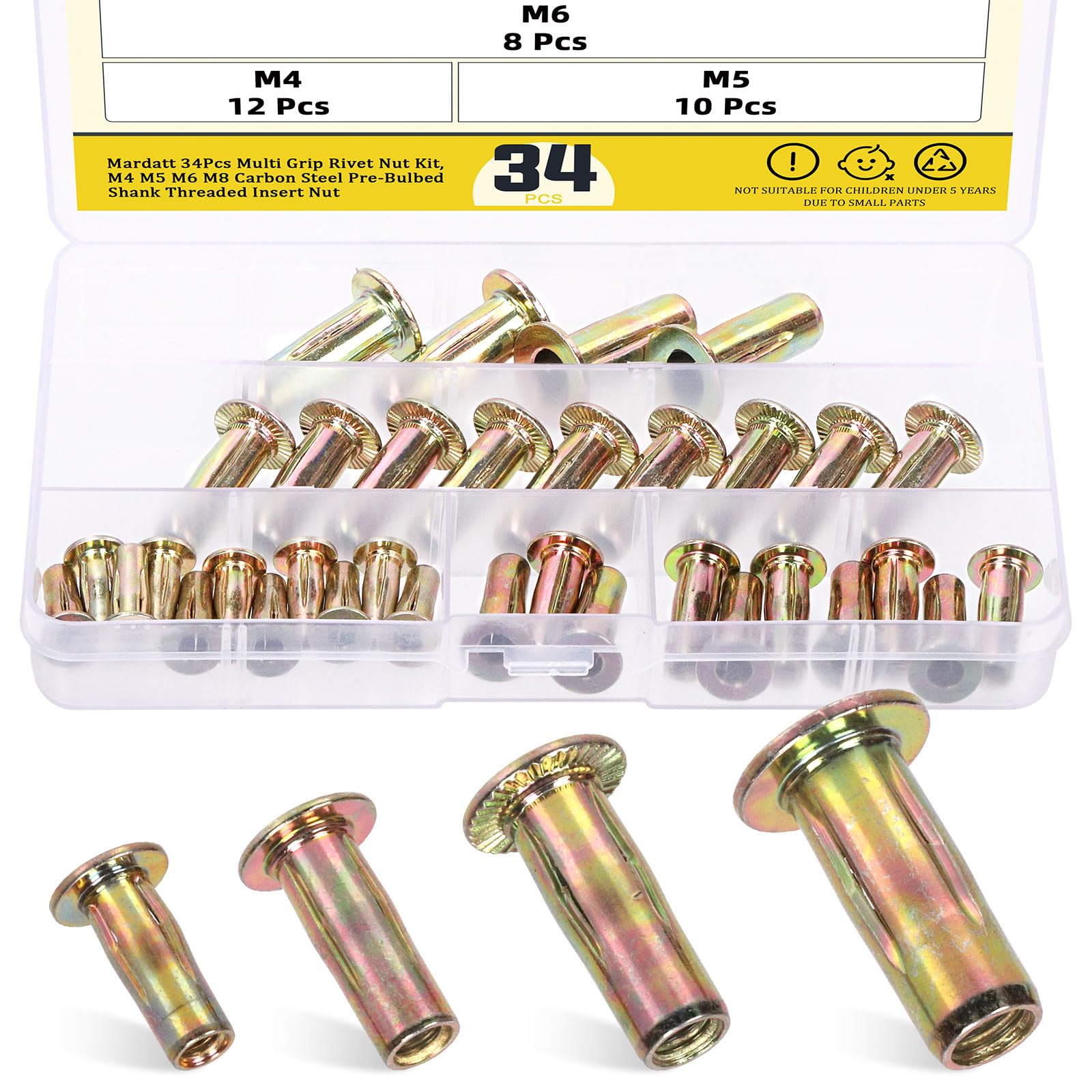 Photo 1 of Mardatt 34Pcs 4 Sizes Multi-Grip Rivet Nut Assortment Kit, M4 M5 M6 M8 Zinc-Plated Flat Head Shank Threaded Insert Nut for Industrial Construction Fasteners